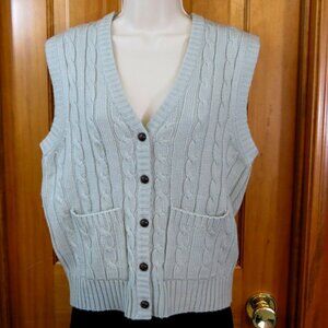 VTG Jeana LT Sage Green Sweater Vest Women's Cable Knit Pockets Button Size Med